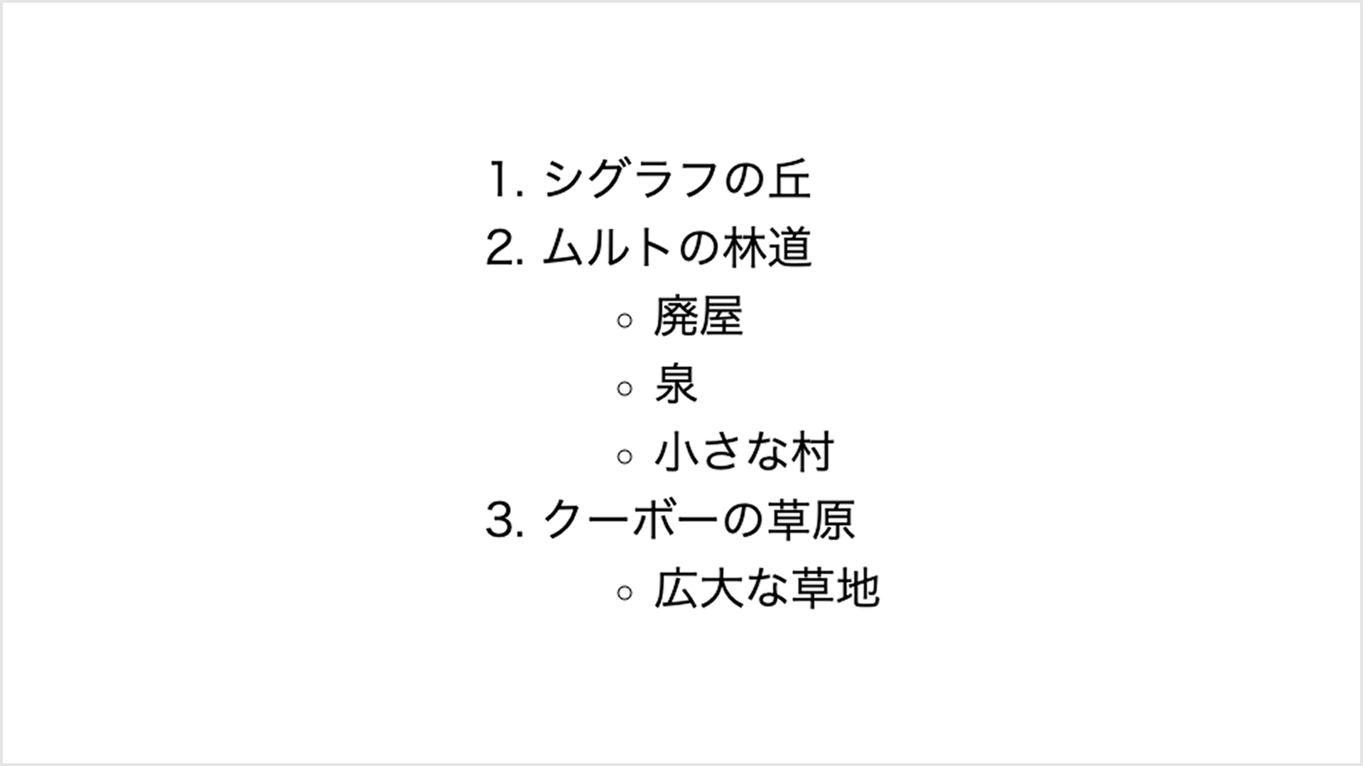 ブラウザの既定のスタイルで表示した番号付きリスト。第1階層の項目には「1.」「2.」「3.」の番号、入れ子になった第2階層の項目には白丸(○)のマーカーが、いずれも項目のテキストの先頭に表示されている。